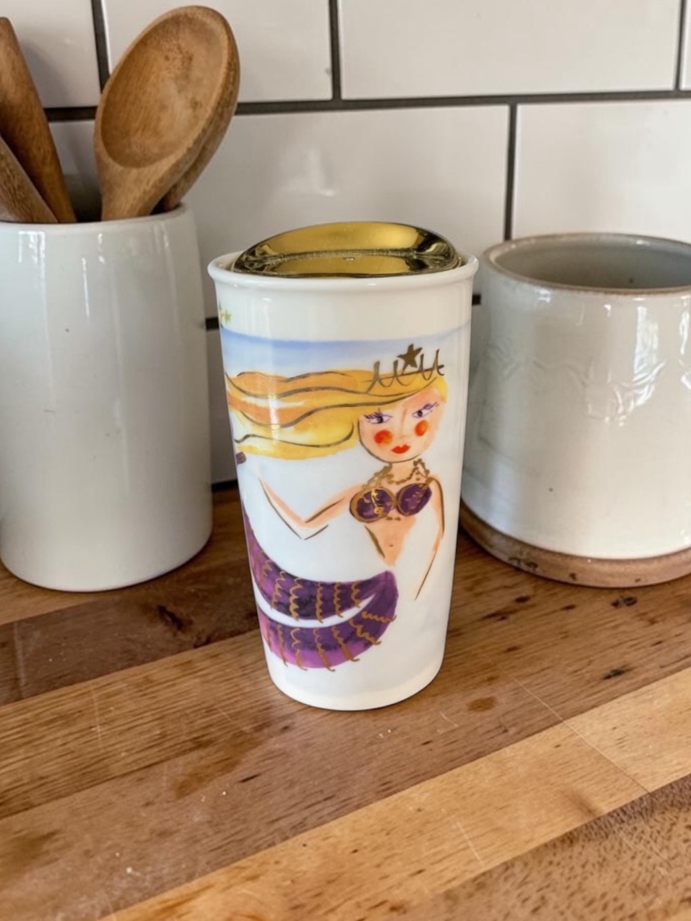 Starbucks Siren Mermaid Ceramic Travel Tumbler Gold Lid 2015